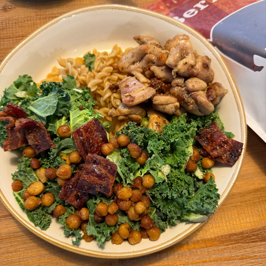 Kale Pasta Caesar Salad with Crispy Chickpeas and Berryhill Bacon!