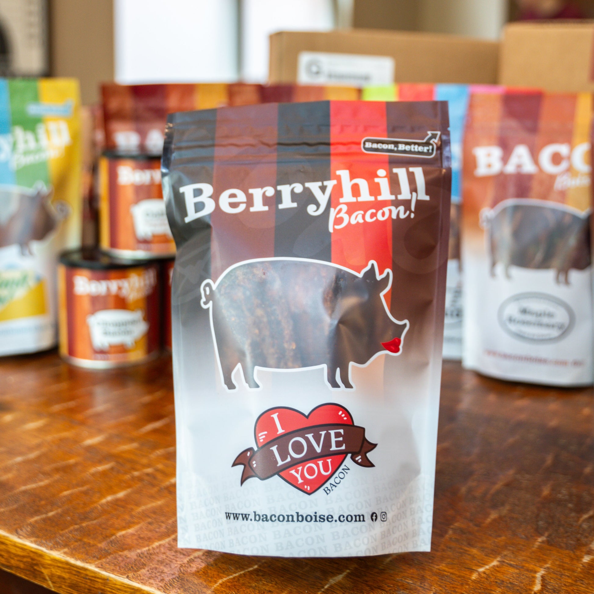 Berryhill Bacon packaging on a wooden surface with blurred background