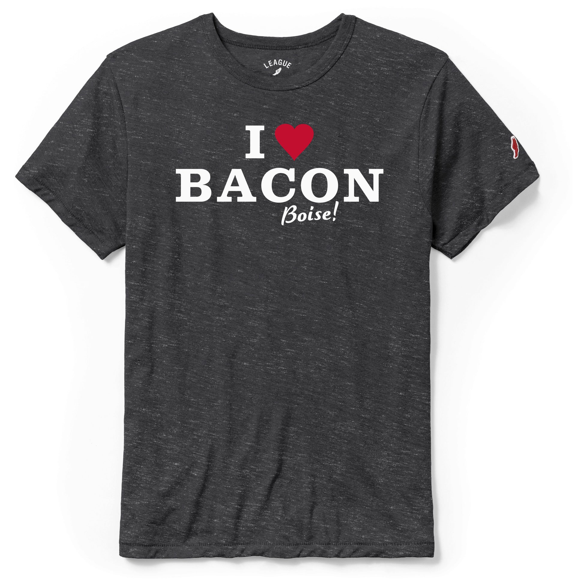 A gray t-shirt with the text 'I LOVE BACON' printed on the front.