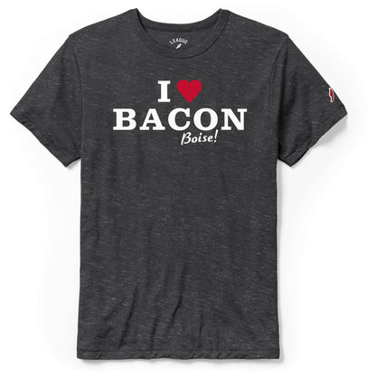 A gray t-shirt with the text 'I LOVE BACON' printed on the front.