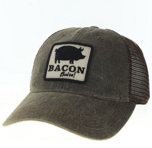 A brown trucker hat with a 'BACON Boise' logo patch on the front.