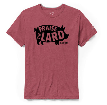 A red crew neck t-shirt with the text 'PRAISE THE LARD' and 'BACON' printed on the front.
