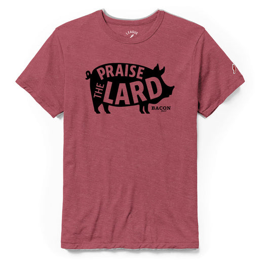 A red crew neck t-shirt with the text 'PRAISE THE LARD' and 'BACON' printed on the front.